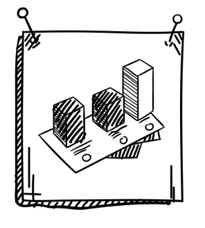 Skizze eines Diagramms mit drei unterschiedlich hohen, rechteckigen Balken auf einem Blatt Papier, das mit zwei Reißzwecken befestigt ist.