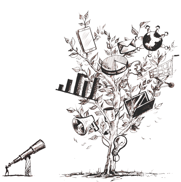 Illustration eines Baumes mit verschiedenen Symbolen wie einem Fernglas, Diagrammen, Zahnrädern, einem Briefumschlag und einer Glühbirne.