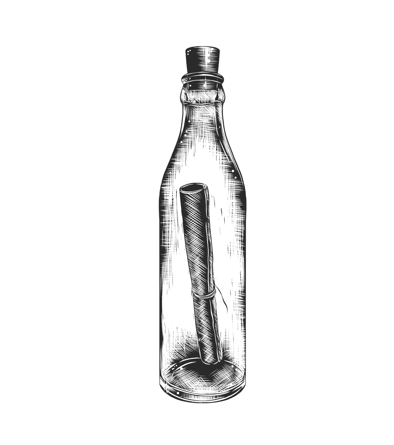 Schwarz-weiße Zeichnung einer Flasche mit einem zusammengerollten Papier darin.