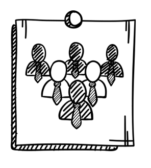 Skizze von fünf Personen mit Krawatten auf einem Notizzettel.