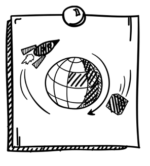 Skizze eines Blattes mit einer Weltkugel, einem Pfeil, einer Rakete und einem Würfel.