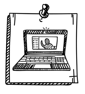 Skizze eines Laptops mit einem Videocall auf dem Bildschirm, aufgehängt an einem Nagel.