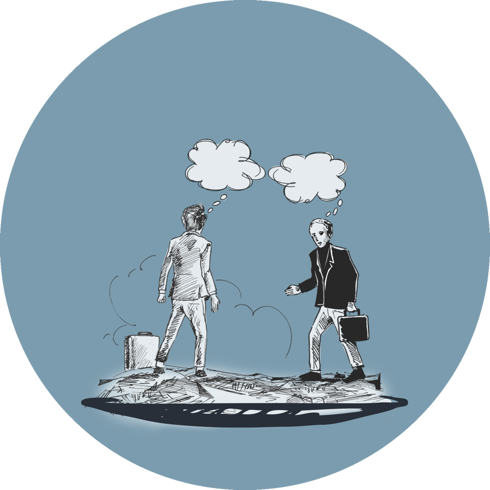 Zwei gezeichnete Personen stehen sich gegenüber, eine mit einem Koffer, die andere mit einem Anzug und Aktentasche, beide mit Sprechblasen über ihren Köpfen, auf blauem Hintergrund.