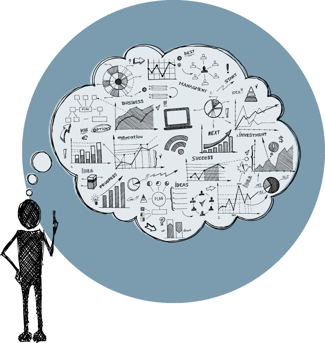 Strichmännchen mit Denkblase voller Diagramme und Symbole auf blauem Hintergrund.