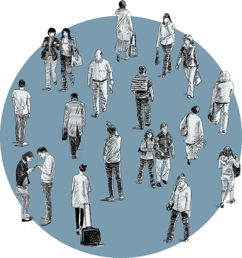 Menschenmenge auf blauem Hintergrund, einige gehen, andere stehen, alle in Schwarz-Weiß gezeichnet.