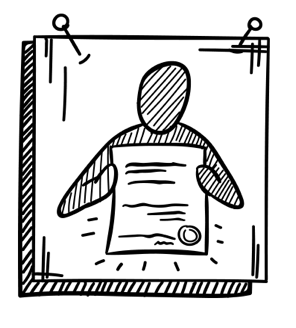 Strichzeichnung einer Person, die ein Dokument hält, mit einem Siegel darauf.