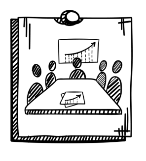 Skizze von fünf Personen, die an einem Tisch sitzen, mit einem Blatt Papier und einem Diagramm an der Wand.