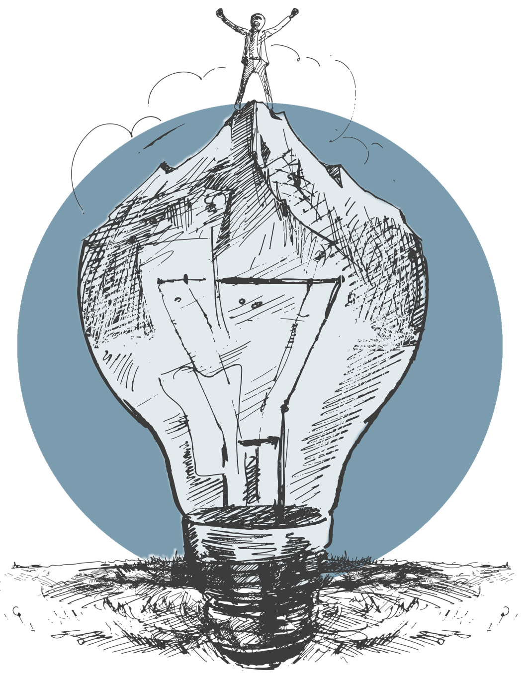 Skizze einer Glühbirne mit einem Berg und einer Person auf der Spitze, vor einem blauen Kreis.
