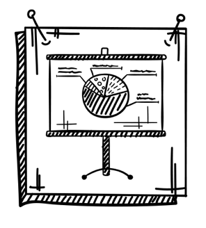Skizze eines Präsentationsbildschirms mit einem Kreisdiagramm darauf, umgeben von einem Rahmen mit Nägeln in den Ecken.