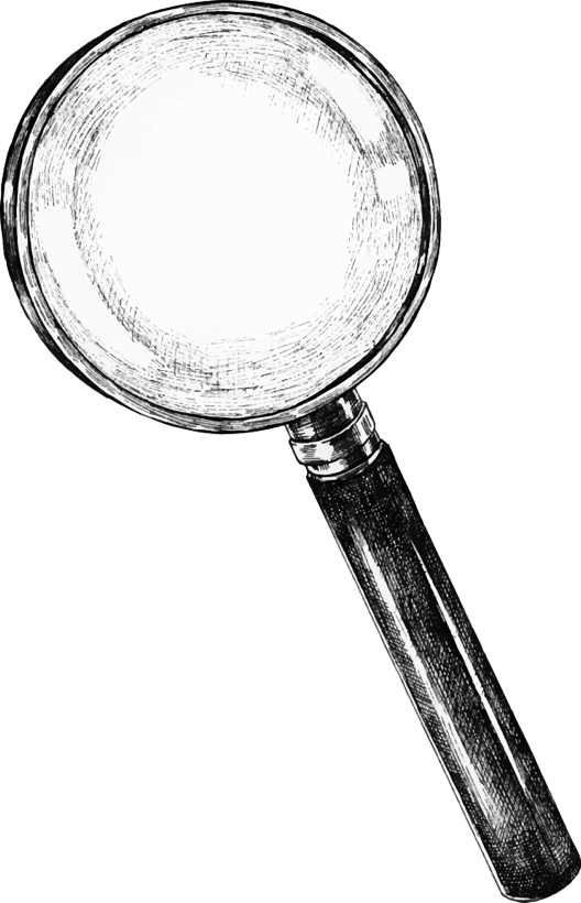Schwarz-weiße Zeichnung einer Lupe mit rundem Glas und dunklem Griff.